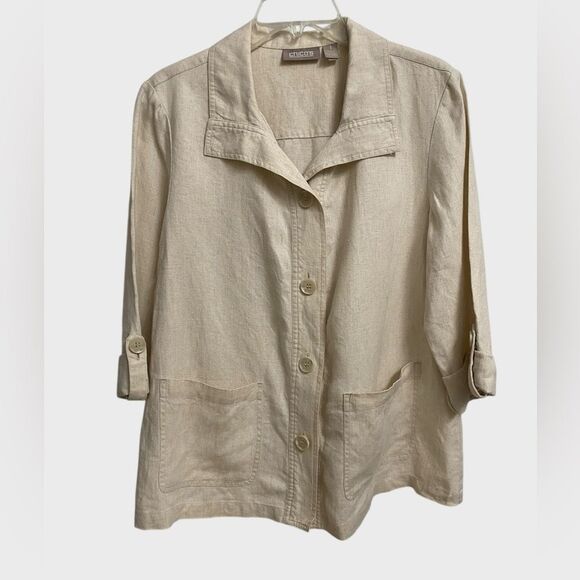 Chico's Linen Button-Front Jacket Women's 1 (M) Roll Tab Sleeves Beige Pockets - Picture 1 of 14